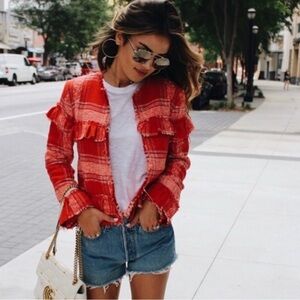 Zara Red Plaid Distressed Hem Women's Jacket